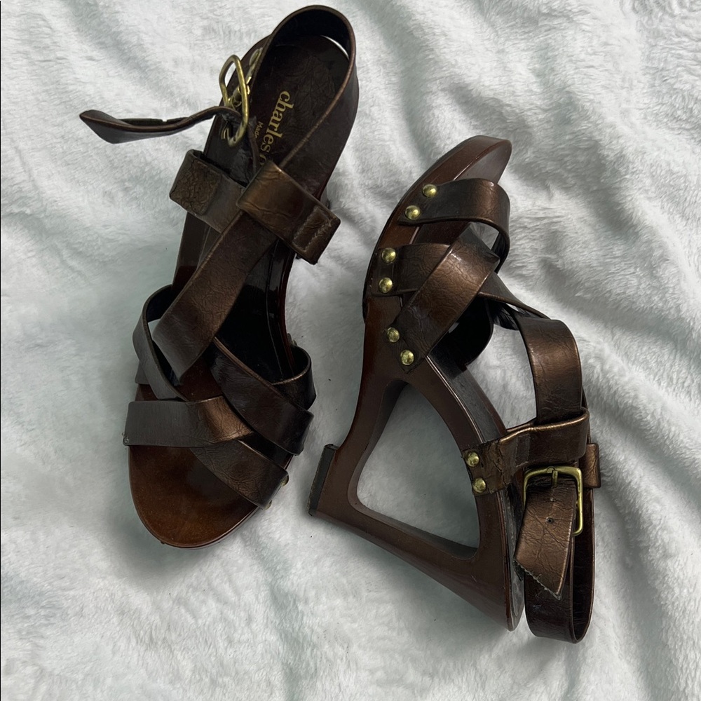 Charles David Metallic Bronze Strappy Studded Slingback Heels